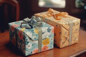 Two small gift boxes with floral designs on them photo