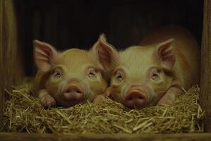 Two pigs are sitting in hay in a wooden box photo