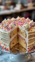 A cake with frosting and sprinkles on top photo