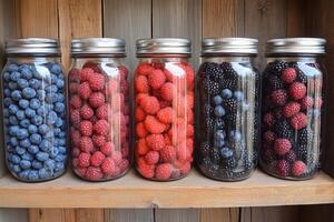 Six jars filled with berries sit on a shelf photo