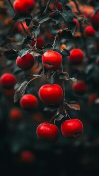 Red apples hanging from a tree photo