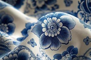A close up of a blue and white floral pattern photo