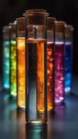 A row of colorful liquid in a glass vial photo