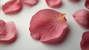 Pink rose petals on a white surface photo