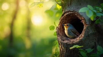 A bird is sitting in a hollow tree photo