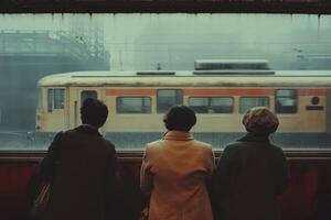 Three people are looking out the window photo