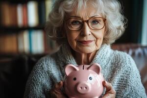 An older woman holding a piggy bank photo