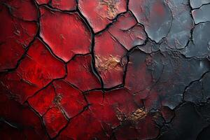 A red and black cracked wall with a cracked texture photo