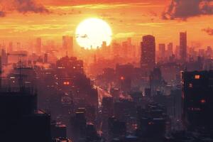 The sun is setting over a city skyline photo