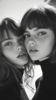 Two women with long hair and bangs are posing for a black and white photo