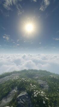 A 3d rendering of a grassy hill with a sun shining over it photo