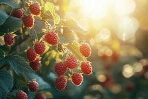 Raspberries are growing on a tree in the sun photo