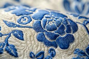 A close up of a blue and white floral pattern photo