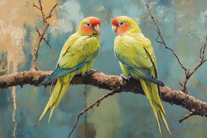 Two parrots sitting on a branch photo