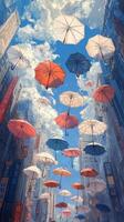 A city street with many umbrellas flying in the air photo