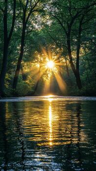 The sun shines through the trees in a forest photo