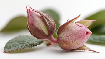 A single pink rose bud on a white background photo