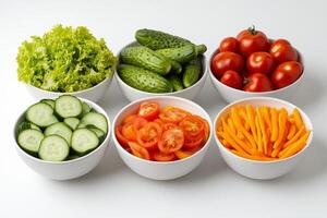 A group of four bowls with different vegetables photo