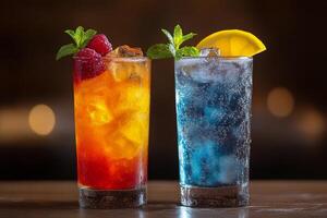 Colorful fizzy drinks with citrus garnishes in glasses at a lively bar setting photo