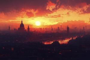 Sunset over a city skyline with smoke and dramatic colors filling the horizon photo