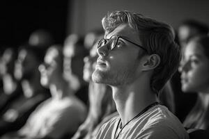 Audience members engaged in a presentation at a conference in a modern auditorium photo
