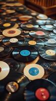 Vintage vinyl records scattered on a surface for music enthusiasts and collectors to explore photo