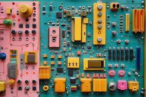 Close view of a luminous circuit board showcasing intricate patterns and bright orange lights photo