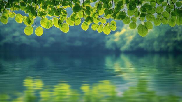 Sunlight filtering through leaves over a tranquil water surface in a lush natural setting photo
