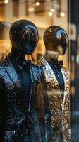 Mannequins in black and gold sequin suits photo