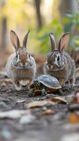 Two rabbits are standing next to a turtle photo
