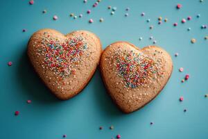 Heart-shaped cookies decorated with colorful sprinkles on a blue background photo
