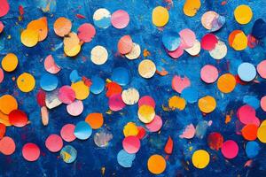 Colorful confetti scattered across a bright blue surface for celebration themes and events photo