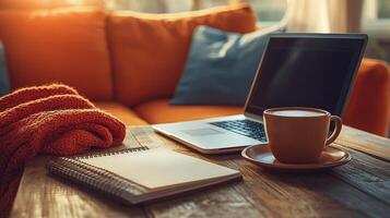 Workspace with laptop, notebook, coffee, and plant on rustic wooden table in bright environment photo