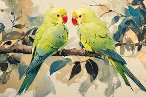 Two parrots sitting on a branch with leaves photo