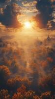 The sun is shining through the fog in the sky photo