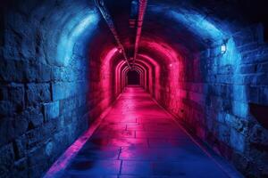 A tunnel with blue and pink lights photo