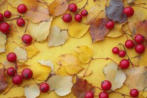 Autumn leaves and berries on yellow background photo