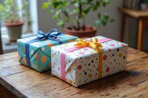 Two wrapped presents sitting on a table with a plant photo
