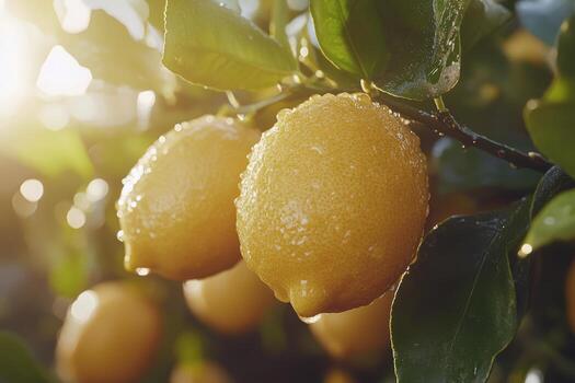 A close up of a lemon tree with water droplets on it photo