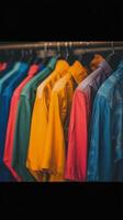 Colorful shirts hanging on a rack photo