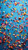 Colorful confetti falling on a blue background photo