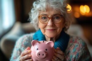 An older woman with glasses holding a pink piggy bank photo