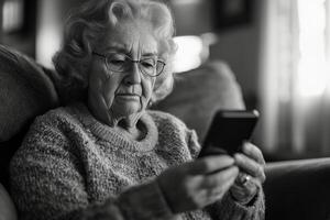 An older woman is looking at her phone photo
