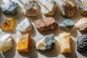 A variety of rocks and minerals are arranged in a row photo