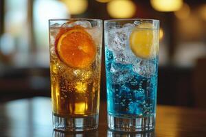 Two glasses of blue and orange flavored drinks photo