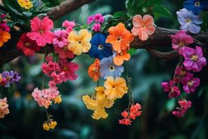 Colorful flowers hanging from a tree branch photo