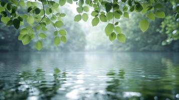 Green leaves on a tree branch over a lake photo