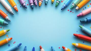 Colorful crayons on a blue background photo