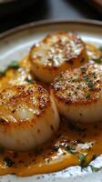 Three scallops on a white plate with sauce photo