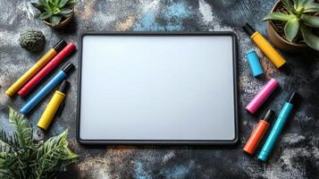 Blank white board with colorful markers and plants on a dark background photo